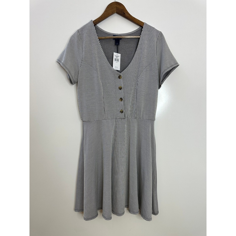 Daytrip Women Striped Short Sleeve V-Neck Button Front Dress 5W3759VZY Black L - Picture 9 of 9